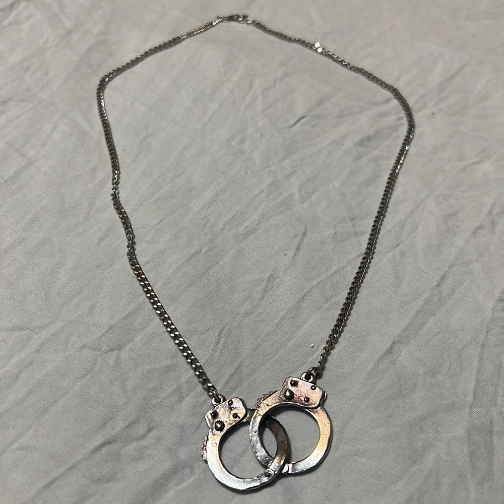 Linked Handcuff Silvertone Choker Necklace